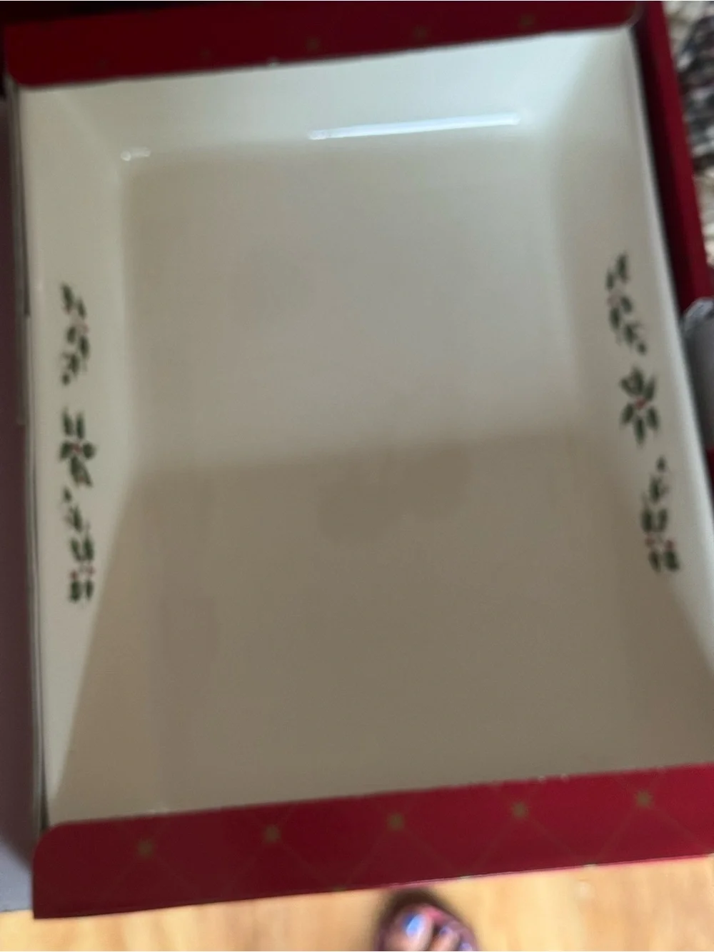 Red and White Ceramic Holiday Baking Dish with Green Holly Accents